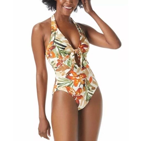 VINCE CAMUTO Printed Plunging Halter One-Piece Swimsuit ivory size 6 New - Picture 12 of 15